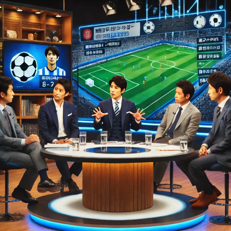 林陵平がテレビ番組で他の専門家とともにサッカー戦術について議論しているシーン、スポーツグラフィックを背景に説明している姿。